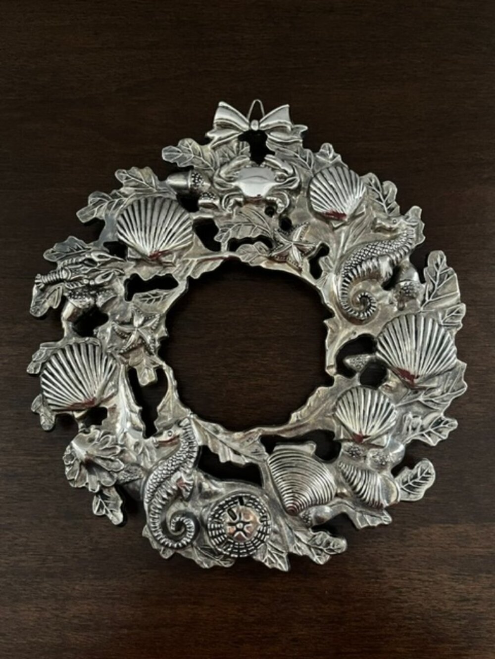 Vintage Silver-Plated Seashell Trivet Wreath Wall Decor Coastal Beachy Seahorse